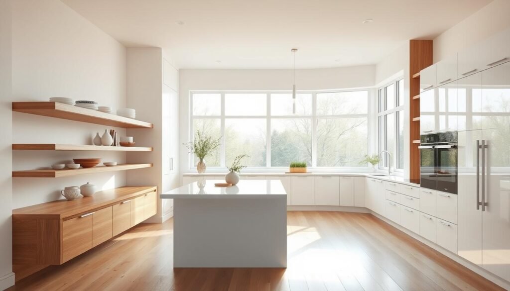 A contemporary kitchen filled with warm oak accents, bathed in soft, diffused lighting. A sleek, minimalist white cabinets and countertops provide a crisp, clean backdrop, while natural oak elements like floating shelves, a statement island, and hardwood floors add depth and character. Large windows flood the space with natural light, casting a gentle glow over the scene. Subtle metallic hardware and fixtures complement the oak, creating a harmonious, modern aesthetic. The overall atmosphere is one of tranquility and refined sophistication, showcasing the timeless appeal of combining white and oak in a kitchen design.