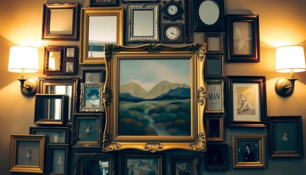 A cozy DIY gallery wall showcasing an eclectic mix of thrifted frames, repurposed mirrors, and vintage-inspired art. The centerpiece is a large, ornate gold frame filled with a hand-painted abstract landscape. Surrounding it are an assortment of smaller frames in various shapes and sizes, arranged in a visually striking pattern. The frames are positioned at different angles, creating depth and visual interest. Warm, diffused lighting from a pair of adjustable wall sconces casts a soft glow, highlighting the textures and colors of the unique decor pieces. The overall mood is one of creativity, personality, and a touch of rustic charm, perfectly complementing the "Creative DIY and Thrift Store Office Decor" theme. A cozy DIY gallery wall showcasing an eclectic mix of thrifted frames, repurposed mirrors, and vintage-inspired art. The centerpiece is a large, ornate gold frame filled with a hand-painted abstract landscape. Surrounding it are an assortment of smaller frames in various shapes and sizes, arranged in a visually striking pattern. The frames are positioned at different angles, creating depth and visual interest. Warm, diffused lighting from a pair of adjustable wall sconces casts a soft glow, highlighting the textures and colors of the unique decor pieces. The overall mood is one of creativity, personality, and a touch of rustic charm, perfectly complementing the "Creative DIY and Thrift Store Office Decor" theme.