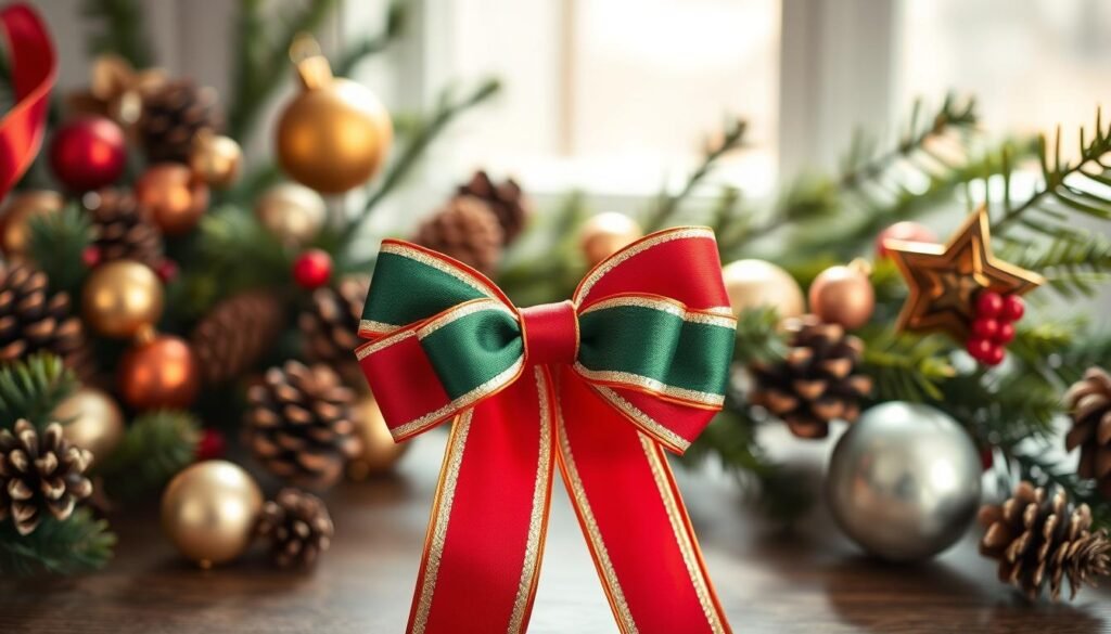 A cozy and festive DIY bow decor scene. In the foreground, a handcrafted ribbon bow in classic holiday colors - deep red, forest green, and shimmering gold. The bow is tied neatly, its loops and tails cascading gracefully. In the middle ground, an assortment of holiday ornaments, pinecones, and sprigs of fresh evergreen create a rustic, natural backdrop. Soft, warm lighting filters through, casting a gentle glow and creating delicate shadows. The overall mood is one of homespun charm and seasonal cheer, perfect for adding a touch of handmade elegance to any Christmas decor.