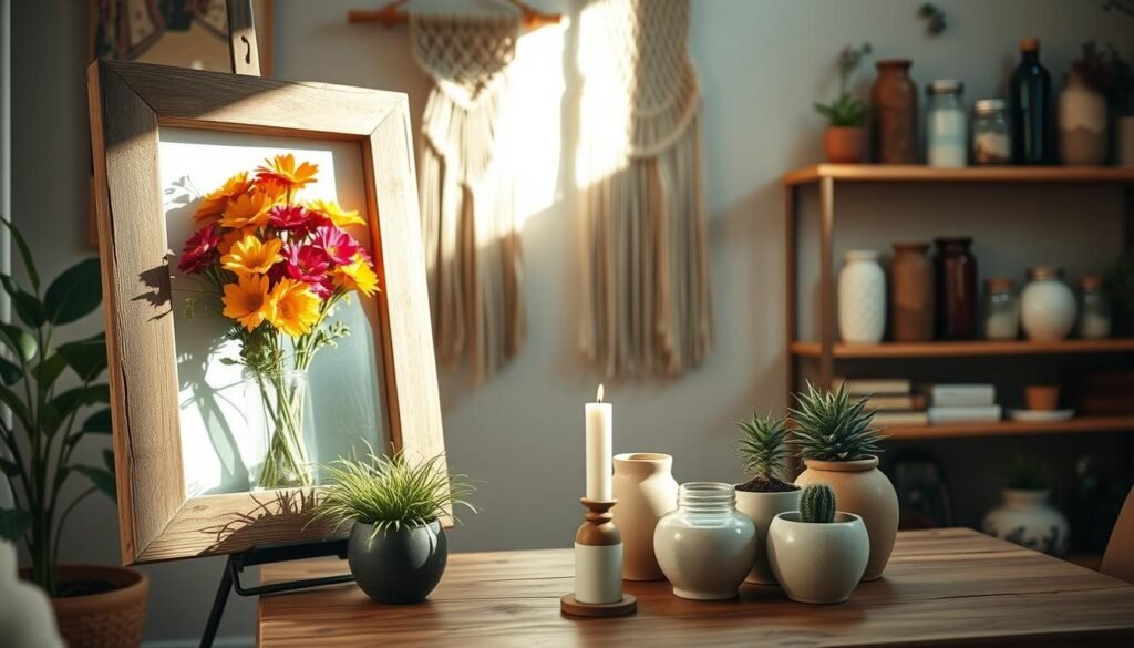 A cozy and inviting DIY home decor scene in a warm, natural light. In the foreground, a rustic wooden picture frame showcases a vibrant floral arrangement made from recycled materials. In the middle ground, a collection of handcrafted ceramic planters and candle holders sits atop a simple wooden table. The background features a wall adorned with a macrame wall hanging and shelves displaying an eclectic mix of thrifted vases and jars. The overall atmosphere is relaxed, earthy, and showcases the beauty of budget-friendly, homemade décor.
