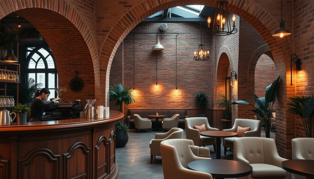 A cozy and inviting arch-inspired coffee bar, with a warm and rustic ambiance. The foreground features a curved wooden bar counter with intricate, arched detailing, and a barista expertly crafting a latte. The middle ground showcases plush armchairs and small tables, inviting patrons to linger and savor their beverages. The background is filled with exposed brick walls, complemented by subtle, ambient lighting that casts a soft, golden glow throughout the space. Elegant, wrought-iron sconces and pendant lights hang from the high ceilings, adding to the cafe's sophisticated yet comfortable atmosphere. Potted plants and natural materials, such as wood and stone, create a visually striking and sustainable design.