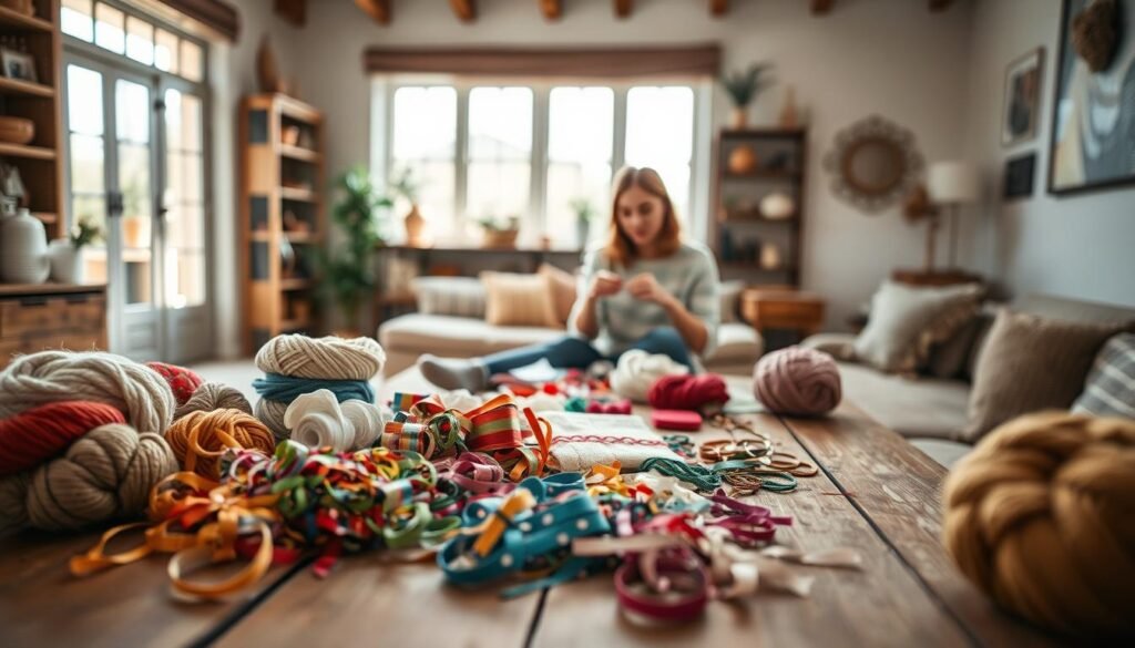 A cozy and inviting home decor crafting scene. In the foreground, an assortment of craft supplies - colorful yarns, ribbons, and fabrics - are neatly arranged on a rustic wooden table. In the middle ground, a crafting enthusiast sits at the table, immersed in a DIY project, their hands skillfully manipulating the materials. The background features a warm, well-lit living room, with natural light streaming in through large windows, casting a soft glow over the scene. Shelves and decorative accents adorn the walls, hinting at the homeowner's creative flair. The overall atmosphere is one of relaxation, inspiration, and the joy of handmade home decor.