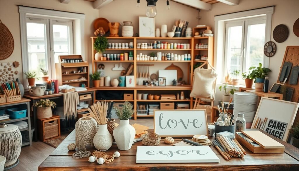 A cozy and inviting home studio space filled with an array of DIY crafting supplies and materials. In the foreground, a wooden table showcases a variety of handmade home decor projects, including a macrame wall hanging, a ceramic vase, and a hand-painted wooden sign. The middle ground features neatly organized shelves displaying an assortment of craft tools, paints, and fabrics. The background depicts a warm, natural-lit room with large windows, allowing ample natural light to pour in and highlight the creative ambiance. The overall scene exudes a sense of tranquility, inspiration, and the joy of personalized, homemade decor.