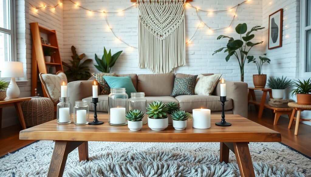 A cozy and inviting living room filled with a variety of DIY home decor pieces. In the foreground, a rustic wooden coffee table with a stunning macrame wall hanging as the centerpiece. Surrounding it, repurposed glass jars transformed into chic candle holders and a cluster of vibrant succulents in minimalist ceramic planters. In the middle ground, a plush rug with a geometric pattern complements the warm, natural tones. The background features a white-washed brick wall accentuated by string lights, casting a soft, ambient glow. The overall scene exudes a sense of effortless style and personal expression, perfectly capturing the essence of transforming everyday items into stylish DIY home decor.