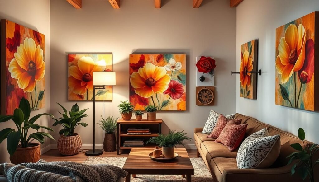 A cozy and inviting living room filled with vibrant acrylic paintings adorning the walls. The paintings feature abstract floral designs in a harmonious palette of warm hues, creating a serene and soothing atmosphere. Soft, diffused lighting from a stylish floor lamp illuminates the space, casting a gentle glow on the artworks. The room is accented with natural wood elements, such as a coffee table and shelving, adding a touch of rustic charm. Lush, potted plants and plush, textured throw pillows complete the cohesive, artfully curated home decor.