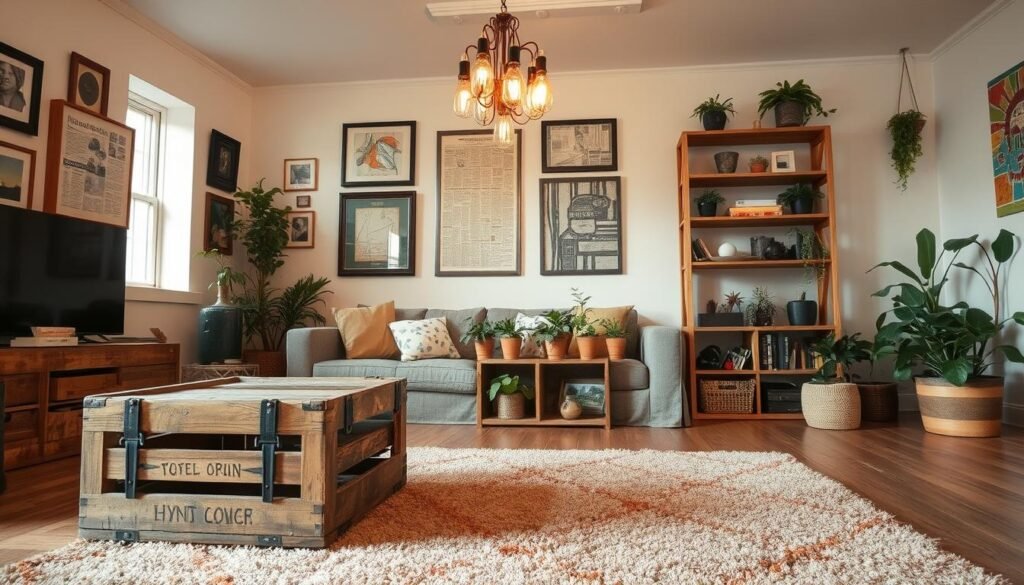 A cozy and inviting living room showcases a variety of upcycled home decor pieces. In the foreground, a repurposed wooden crate serves as a coffee table, its distressed surface and metal accents adding rustic charm. Hanging from the ceiling, a chandelier made from reclaimed glass bottles casts a warm, ambient glow. On the walls, framed art pieces created from recycled materials, such as old newspaper clippings and fabric scraps, create a visually striking display. The middle ground features a plush, upcycled area rug, its vibrant pattern and earthy tones complementing the room's natural aesthetic. In the background, a bookshelf made from reclaimed wood holds an assortment of potted plants and decorative items, further emphasizing the home's commitment to sustainability and eco-friendly living.