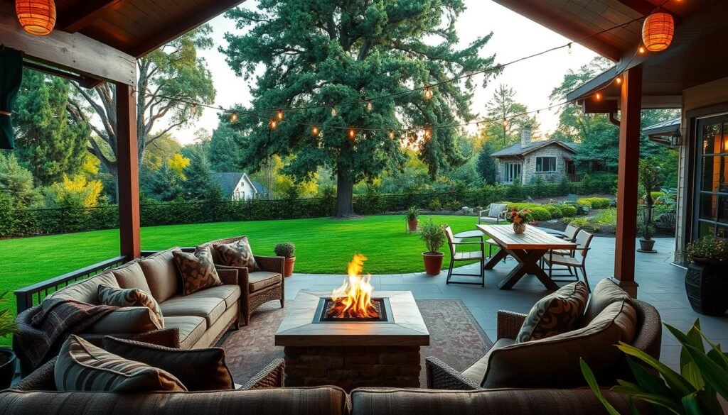 A cozy and inviting multi-functional outdoor living space on a lush, verdant back porch. In the foreground, a comfortable seating area with plush sofas and armchairs arranged around a modern fire pit, creating a warm and convivial atmosphere. In the middle ground, a well-appointed dining area with a rustic wooden table and chairs, surrounded by potted plants and string lights, suggesting a seamless transition between indoor and outdoor living. The background features a stunning panoramic view of a well-manicured backyard, with towering trees and a hint of a tranquil garden, bathed in the soft, golden glow of natural lighting. The scene evokes a sense of relaxation, entertainment, and a harmonious blend of function and aesthetics. A cozy and inviting multi-functional outdoor living space on a lush, verdant back porch. In the foreground, a comfortable seating area with plush sofas and armchairs arranged around a modern fire pit, creating a warm and convivial atmosphere. In the middle ground, a well-appointed dining area with a rustic wooden table and chairs, surrounded by potted plants and string lights, suggesting a seamless transition between indoor and outdoor living. The background features a stunning panoramic view of a well-manicured backyard, with towering trees and a hint of a tranquil garden, bathed in the soft, golden glow of natural lighting. The scene evokes a sense of relaxation, entertainment, and a harmonious blend of function and aesthetics.