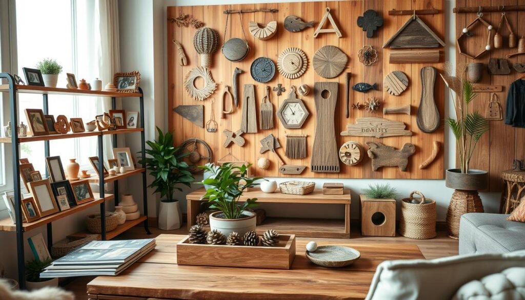 A cozy and well-crafted wood-based home decor scene, showcasing a variety of engaging DIY projects. In the foreground, a rustic wooden display shelf holds an assortment of handmade trinkets, photo frames, and small decorative pieces. The middle ground features a wooden coffee table adorned with a potted plant, a stack of artisanal magazines, and a tray of natural elements like pinecones and river stones. In the background, a warm and inviting wall-mounted wood panel displays an artfully arranged collection of wooden wall hangings, decorative signs, and other upcycled wooden accents. The overall scene is illuminated by soft, natural lighting that enhances the organic textures and tones of the wood. The mood is one of relaxed creativity and a celebration of handcrafted, sustainable home decor.
