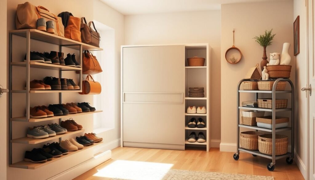 A cozy and well-organized small space, showcasing a range of clever storage solutions. In the foreground, a compact wall-mounted shelving unit displays neatly arranged shoes, bags, and other household items. The middle ground features a minimalist shoe cabinet with sliding doors, providing hidden storage. In the background, a rolling cart with multiple tiers offers additional space for baskets, bins, and décor pieces. The scene is bathed in warm, diffused lighting, creating a welcoming and functional atmosphere. The overall composition emphasizes efficiency, organization, and the thoughtful use of limited square footage.