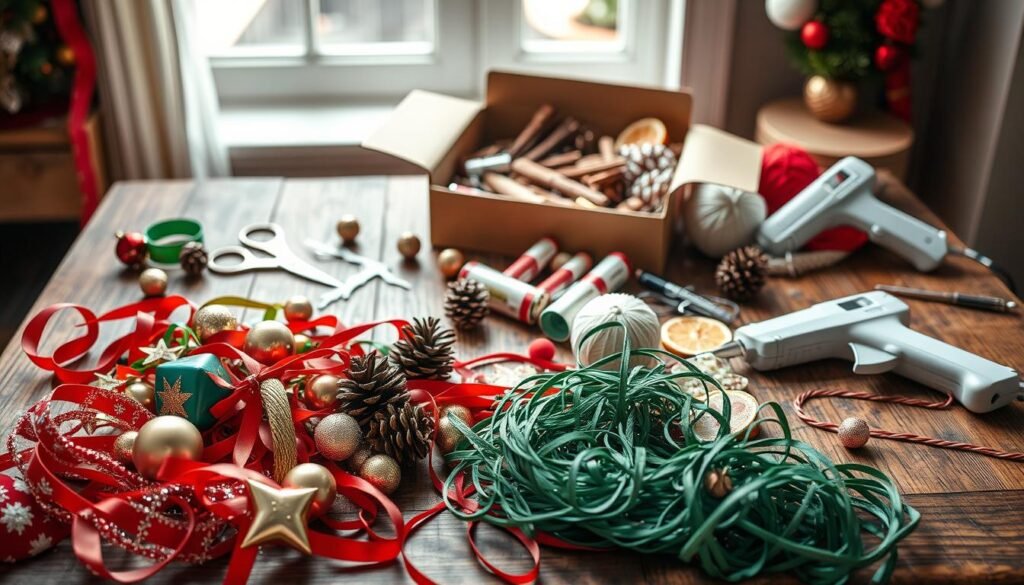 A cozy assortment of festive holiday craft supplies arranged on a rustic wooden table. In the foreground, an array of colorful ribbons, glittering ornaments, and a tangle of yarn in various Christmas-themed hues. In the middle ground, an open box spills out pinecones, cinnamon sticks, and dried orange slices. Scattered throughout, silver scissors, a hot glue gun, and a calligraphy pen. Soft, natural lighting filters in from a nearby window, casting a warm, inviting glow across the scene. The overall mood is one of creativity, anticipation, and the joyful spirit of the holiday season.