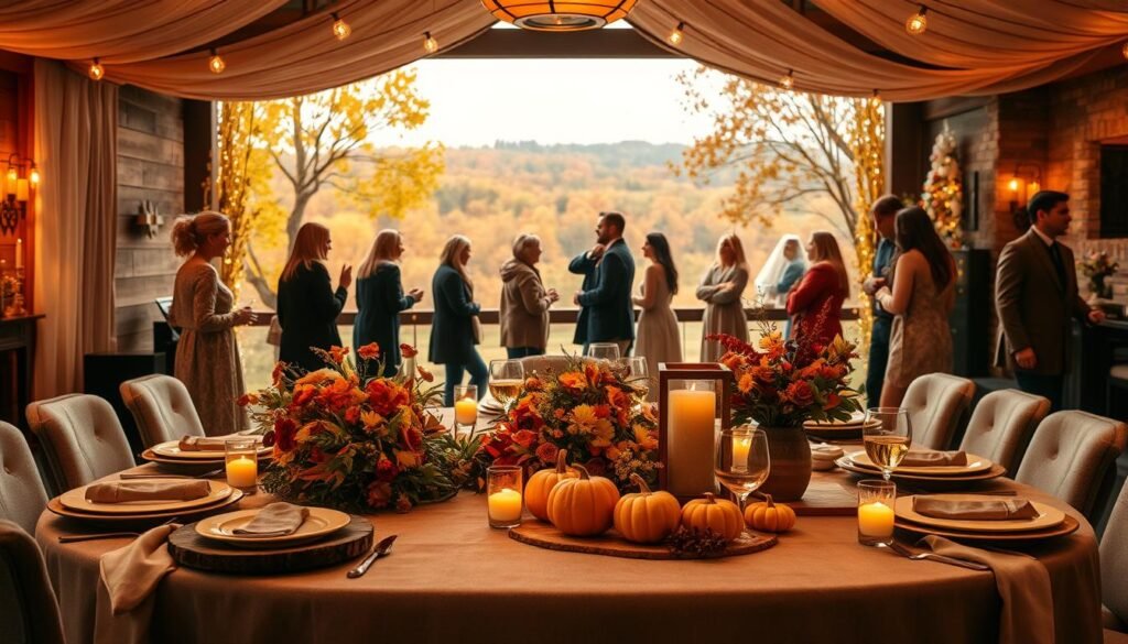 A cozy, autumnal baby shower scene with a warm, inviting atmosphere. In the foreground, an elegant table setting with rustic, wooden elements, plush textiles, and an abundance of fall foliage. Centerpieces feature pumpkins, gourds, and seasonal flowers in shades of orange, yellow, and red. Soft, ambient lighting casts a golden glow, creating a serene and intimate mood. In the middle ground, guests mingle and admire the beautifully decorated space, their expressions of joy and anticipation captured. The background features a picturesque fall landscape, with trees ablaze in autumnal hues and a calming, overcast sky. The overall impression is one of a welcoming, heartfelt celebration of new life, perfectly suited for an October baby shower.