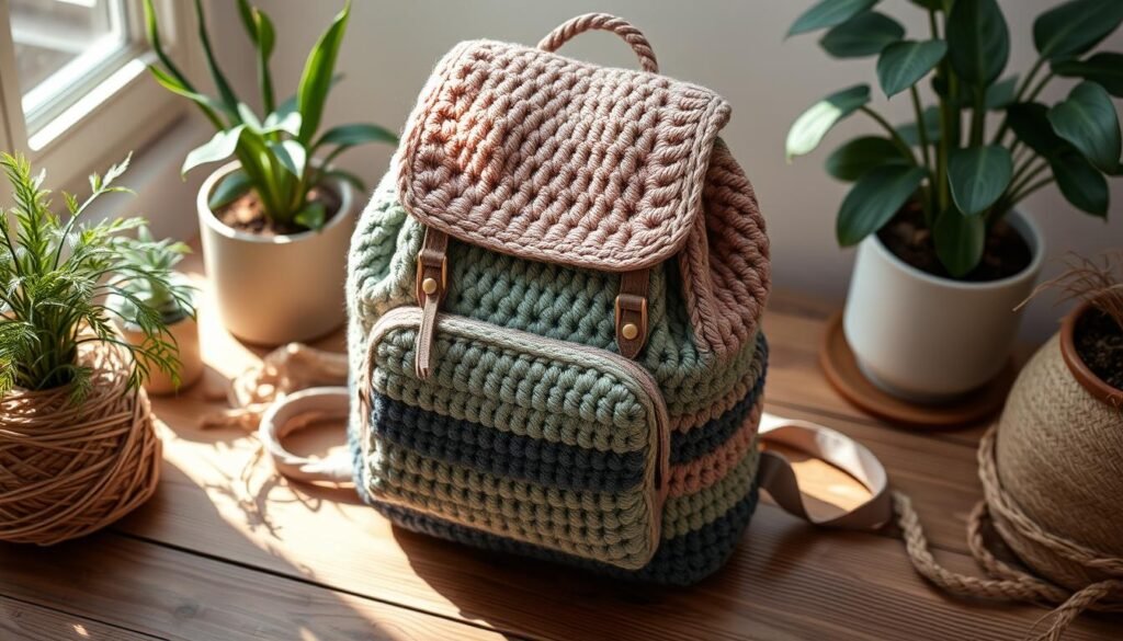 A cozy backpack made of crocheted yarn in trendy hues like dusty rose, sage green, and subtle charcoal, resting on a rustic wooden surface. The backpack features a minimalist design with a simple top flap closure, complemented by tasteful hardware details. Soft, diffused lighting casts gentle shadows, highlighting the intricate texture of the crochet stitches. The backpack is surrounded by a serene arrangement of potted plants and natural fibers, creating a soothing, nature-inspired ambiance. The overall composition exudes a sense of modern, yet comforting style that captures the essence of contemporary crochet backpack designs.