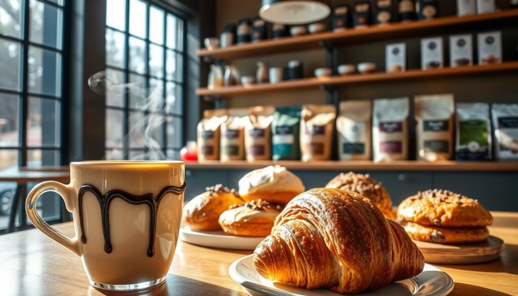 A cozy cafe interior, sunlight streaming through large windows, illuminating a carefully curated display of tempting coffee lover's menu items. In the foreground, a rich, creamy cappuccino sits alongside a decadent chocolate-drizzled croissant, steam curling lazily. In the middle ground, an assortment of artfully presented pastries - flaky, buttery pain au chocolat, delicate lemon-glazed madeleines, and a moist, crumb-topped coffee cake. In the background, shelves hold a variety of whole bean coffees, their packaging showcasing the brand's distinctive aesthetic. The overall mood is one of indulgence, warmth, and a celebration of the coffee lover's palate. A cozy cafe interior, sunlight streaming through large windows, illuminating a carefully curated display of tempting coffee lover's menu items. In the foreground, a rich, creamy cappuccino sits alongside a decadent chocolate-drizzled croissant, steam curling lazily. In the middle ground, an assortment of artfully presented pastries - flaky, buttery pain au chocolat, delicate lemon-glazed madeleines, and a moist, crumb-topped coffee cake. In the background, shelves hold a variety of whole bean coffees, their packaging showcasing the brand's distinctive aesthetic. The overall mood is one of indulgence, warmth, and a celebration of the coffee lover's palate.