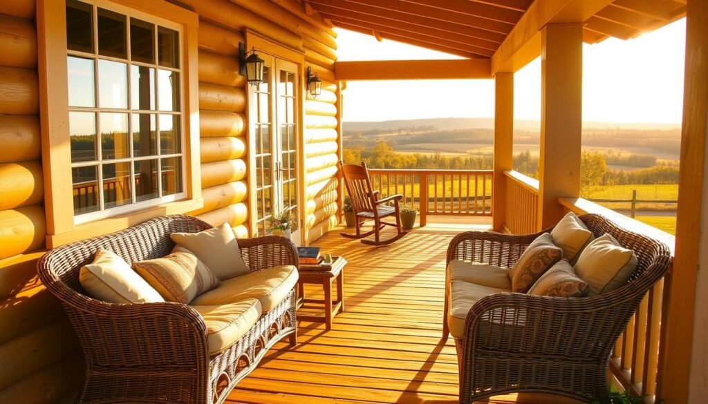 A cozy cottage porch bathed in warm, golden sunlight, its wooden floorboards and rustic furnishings creating a charming, inviting atmosphere. In the foreground, a comfortable wicker sofa with plush cushions beckons for relaxation, while a small side table holds a tray of refreshments. In the middle ground, a wooden rocking chair and a pair of potted plants add to the porch's multi-functional appeal. The background features a picturesque countryside view, with rolling hills and a distant forest, emphasizing the porch's role as a seamless extension of the cottage's natural surroundings. The scene evokes a sense of tranquility and the perfect balance of form and function, embodying the practical benefits and versatile uses of a cottage porch.