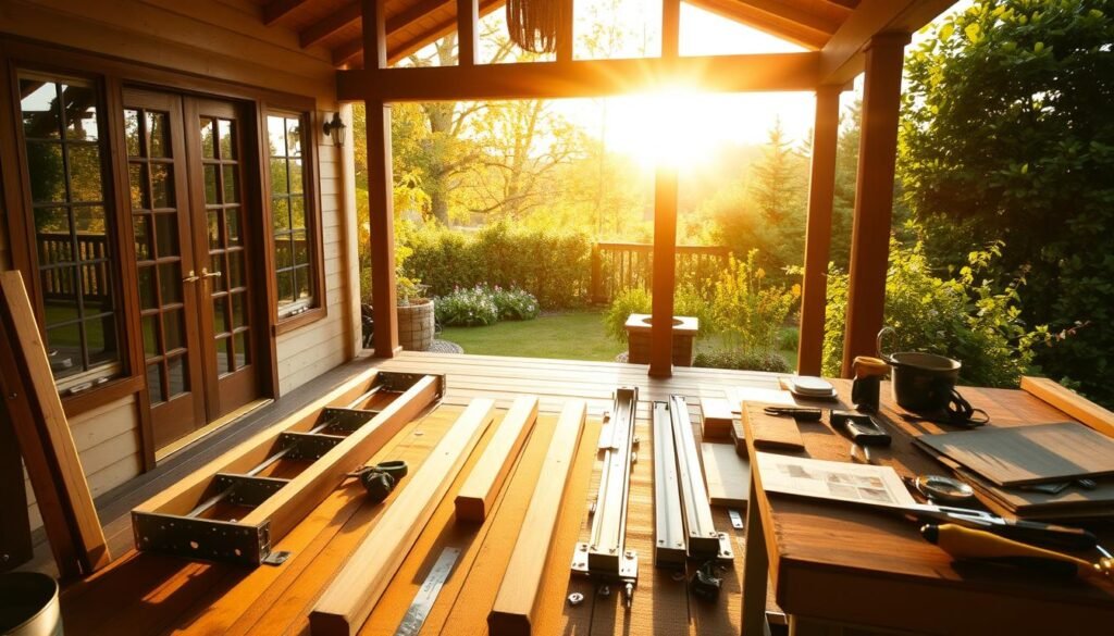 A cozy cottage porch, flooded with warm, golden sunlight streaming through the large windows. In the foreground, a neatly arranged set of porch assembly components - wooden beams, metal brackets, and hardware - waiting to be transformed into a beautiful, inviting structure. The middle ground features a well-organized workbench, complete with tools and instructions, hinting at the straightforward, step-by-step process of the installation. In the background, a lush, verdant garden provides a serene, natural backdrop, setting the stage for a relaxing, outdoor retreat. The overall atmosphere exudes a sense of effortless DIY charm and the promise of a charming, welcoming porch to enjoy.