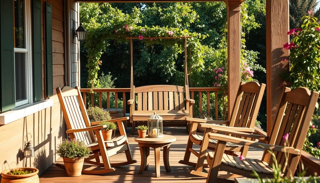 A cozy cottage porch with a rustic, inviting atmosphere. In the foreground, a set of weathered wooden rocking chairs arranged around a small end table, adorned with potted plants and a lantern. The middle ground showcases a decorative wooden swing, gently swaying in a gentle breeze. In the background, a lush, verdant garden frames the porch, with trailing vines and vibrant flowers cascading over the railing. The scene is bathed in warm, golden sunlight, creating a welcoming and relaxing ambiance. Soft shadows and highlights add depth and dimension to the composition. The overall impression is one of a tranquil, comfortable retreat, perfect for enjoying a peaceful moment.