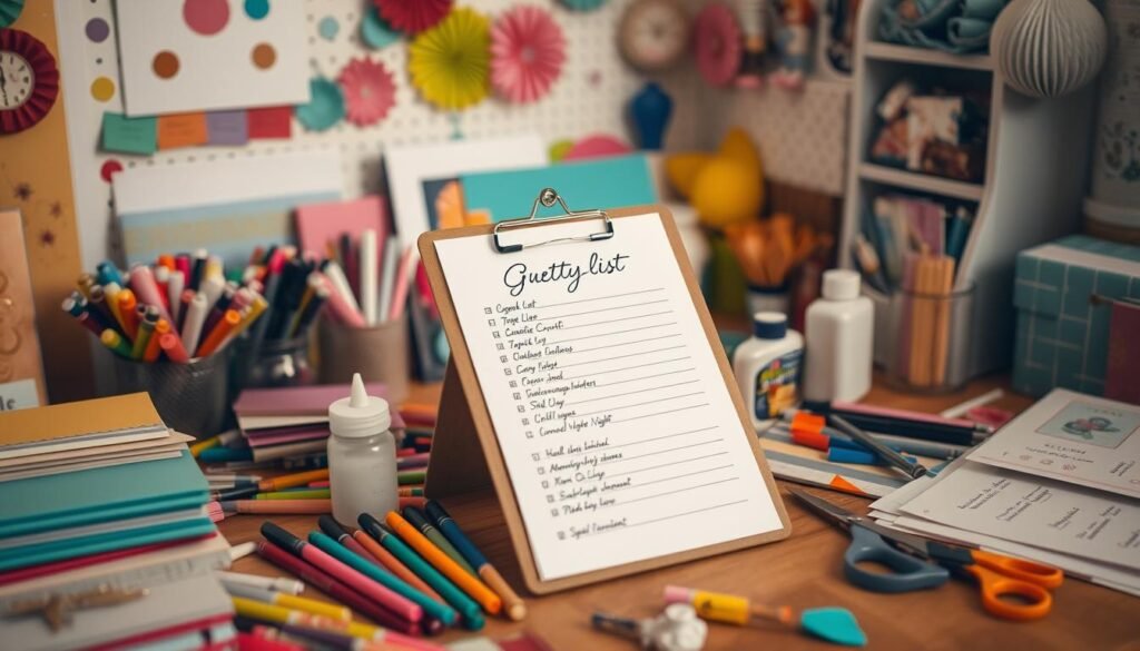 A cozy craft room filled with an assortment of party supplies and decorations, a neatly organized guest list on a clipboard, surrounded by colorful stationery, markers, glue, and scissors. Soft, warm lighting creates a welcoming atmosphere, casting a gentle glow on the meticulously curated items. The scene conveys a sense of anticipation and excitement for the upcoming craft night, where friends will gather to unleash their creative energies. A cozy craft room filled with an assortment of party supplies and decorations, a neatly organized guest list on a clipboard, surrounded by colorful stationery, markers, glue, and scissors. Soft, warm lighting creates a welcoming atmosphere, casting a gentle glow on the meticulously curated items. The scene conveys a sense of anticipation and excitement for the upcoming craft night, where friends will gather to unleash their creative energies.