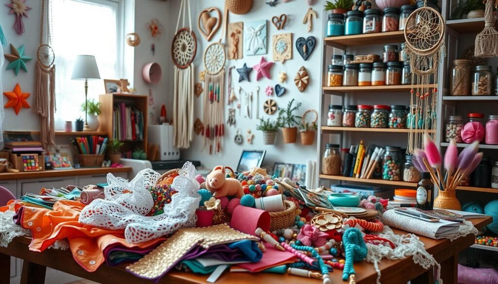 A cozy craft room filled with whimsical DIY projects and supplies. In the foreground, a table overflows with an array of colorful craft materials - vibrant fabrics, intricate lace, glittering sequins, and an assortment of decorative trinkets. Hanging from the walls, handmade dreamcatchers, macrame plant holders, and quirky wall art pieces capture the spirit of creativity. Soft, diffused lighting casts a warm, inviting glow, while shelves in the background display neatly organized jars of beads, paints, and other crafting essentials. An atmosphere of playful inspiration and limitless possibilities pervades the scene.