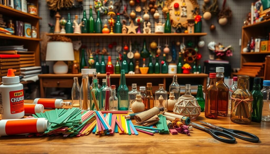 A cozy craft room scene with a wooden table in the foreground, showcasing an assortment of colorful craft sticks, glue, scissors, and various recycled bottles in different shapes and sizes. The middle ground features a variety of completed craft stick and bottle projects, such as small decorative vases, picture frames, and holiday ornaments. In the background, a wall display showcases more finished pieces, creating a visually engaging and inspirational setup. The lighting is warm and diffused, evoking a welcoming and creative atmosphere. The camera angle is slightly elevated, allowing for a comprehensive view of the crafting tableau.