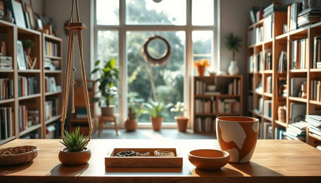 A cozy craft studio filled with warm lighting and natural textures. In the foreground, a table showcases simple yet stylish DIY projects - a macrame plant hanger, a wooden jewelry tray, and a terracotta pot painted with abstract patterns. The middle ground features a large window overlooking a lush garden, bathing the space in soft, diffused sunlight. Bookshelves line the walls, stocked with craft supplies and inspiring how-to guides. The overall atmosphere is relaxed, inviting, and accessible, encouraging adults of all skill levels to explore their creativity.