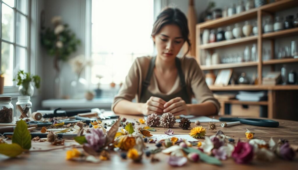 A cozy craft studio with soft, natural lighting filters in through a large window, illuminating the various tools and materials strewn across a wooden worktable. In the foreground, delicate pressed flowers and leaves are carefully arranged, their vibrant hues and intricate textures contrasting against the neutral tones of the table. In the middle ground, a thoughtful expression crosses the face of the crafter as they ponder a challenge, their hands gently tending to the fragile project. The background suggests a sense of tranquility, with shelves displaying an assortment of jars, vases, and other craft supplies, hinting at the creative process unfolding.
