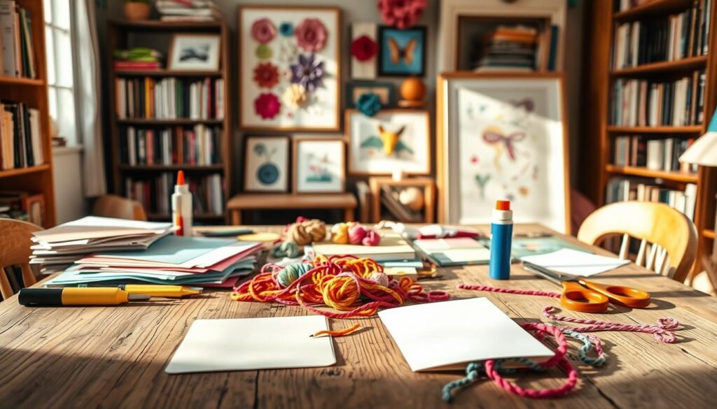 A cozy crafting nook, bathed in warm, natural light. On a rustic wooden table, an array of vibrant, budget-friendly supplies: colorful papers, glue, scissors, and a tangle of yarn in a rainbow of hues. In the foreground, a half-finished DIY project - a charming handmade greeting card. The middle ground showcases a collection of framed art pieces, created from repurposed materials. In the background, bookshelves brimming with craft books and inspiring ideas. The overall scene conveys a sense of creativity, productivity, and the joyful benefits of crafting on a budget.