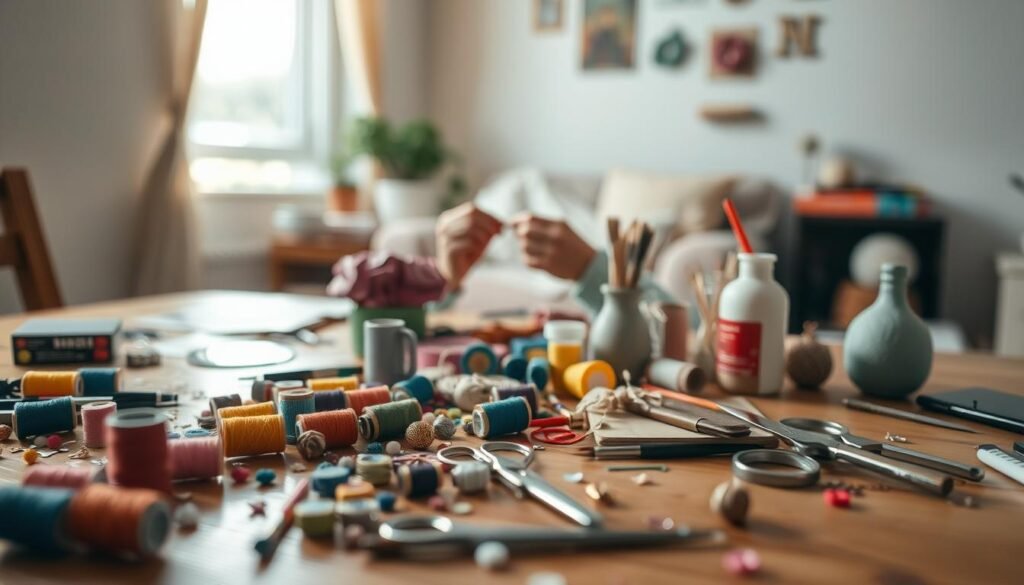 A cozy crafting scene with everyday household items. In the foreground, a wooden table is scattered with various craft supplies - colorful spools of thread, scissors, paintbrushes, and an assortment of decorative trinkets. Soft, natural lighting filters in through a nearby window, casting a warm glow over the scene. In the middle ground, a person's hands are visible, engrossed in the process of creating a handmade project. The background depicts a simple, minimalist interior with neutral-toned walls, adding to the serene, homely atmosphere. The overall mood is one of relaxation, creativity, and the joy of crafting with readily available materials.