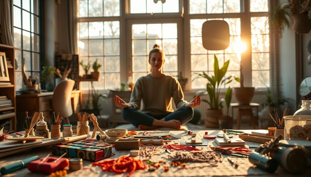 A cozy crafting studio, bathed in warm, natural lighting that filters through large windows. In the foreground, a table is cluttered with an array of craft supplies - vibrant paints, delicate threads, intricate patterns, and a half-finished DIY project. In the middle ground, a person sits cross-legged, deeply focused, their expression serene as they lose themselves in the meditative process of creating. The background showcases soothing, earthy tones and plants that add a sense of tranquility, symbolizing the mental health benefits of this restorative activity. The overall atmosphere evokes a feeling of mindfulness, calm, and a harmonious connection between the mind, body, and the act of crafting.