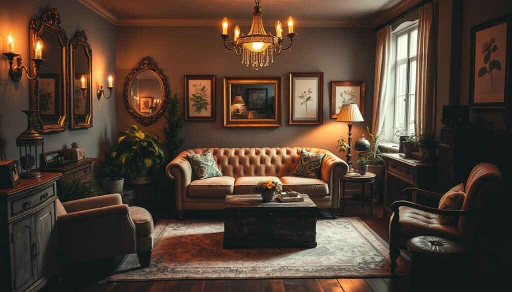 A cozy, dimly-lit vintage-inspired lounge room, bathed in warm, soft lighting from antique brass sconces and a centrally placed tufted chesterfield sofa. Ornate, gilded mirrors and framed botanical prints adorn the walls, complemented by a plush, distressed area rug and a collection of potted plants. An eclectic mix of vintage furniture pieces, including a weathered side table, a mid-century armchair, and a wooden storage trunk, create a harmonious, lived-in ambiance. The space exudes a sense of timeless elegance and a harmonious blend of styles, showcasing the versatility of curating an eclectic, vintage-inspired decor.
