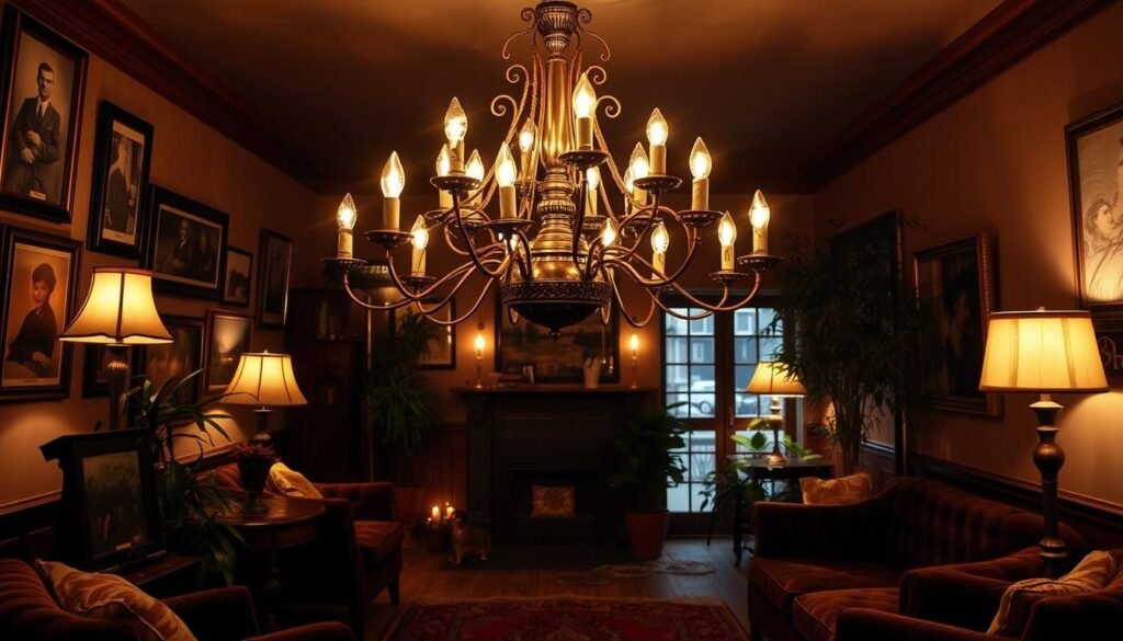 A cozy, dimly lit vintage lounge featuring a centerpiece chandelier with ornate metalwork and flickering candle-like bulbs, casting a warm, nostalgic glow throughout the space. Antique table lamps with parchment shades and a floor lamp with a brass stand and globe shade add layers of complementary retro lighting. The walls are adorned with framed sepia-toned photographs and paintings, evoking a sense of timeless elegance. Plush velvet furniture, lush houseplants, and a Persian-style area rug complete the vintage-inspired ambiance, creating an inviting, intimate atmosphere perfect for relaxation and conversation.