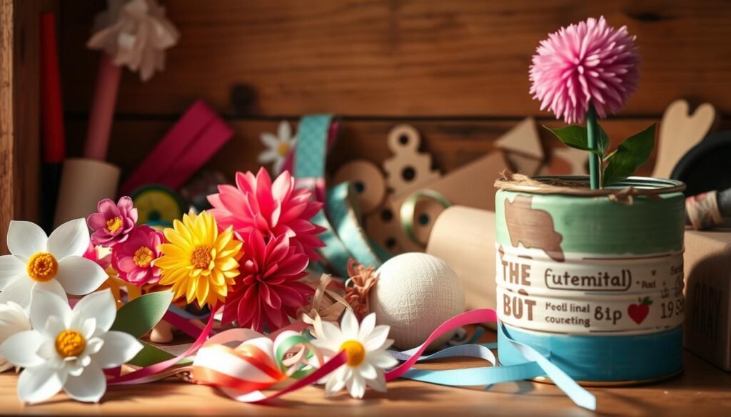A cozy dollar store craft scene in a warm, inviting light. In the foreground, an assortment of simple yet charming handmade crafts - paper flowers, a pom-pom garland, and a painted tin can planter. In the middle ground, thrifted and repurposed materials like colorful fabrics, ribbons, and wooden shapes. The background features a rustic wooden table or shelf, casting a soft, natural glow over the crafty arrangement. The overall mood is one of creativity, thrift, and homespun delight.