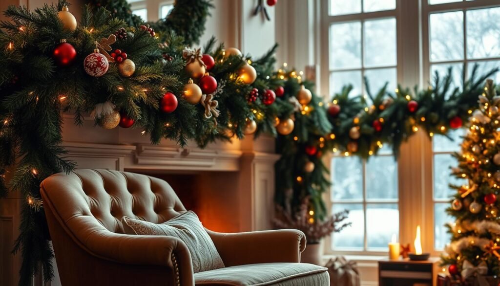A cozy, elegant holiday scene with lush, verdant garlands draped over a mantelpiece, adorned with twinkling fairy lights and shimmering ornaments in shades of gold, red, and green. In the foreground, a plush, velvet-upholstered armchair sits beside a crackling fireplace, its warm glow casting a soft, inviting ambiance. Subtle hints of winter wonderland elements, such as subtle snowfall and frosted windowpanes, create a harmonious, festive atmosphere. The overall composition exudes a sense of seasonal charm and timeless sophistication, perfectly capturing the essence of popular holiday decor trends.