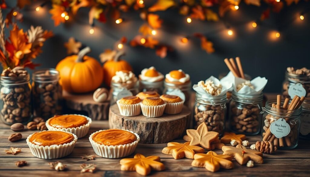 A cozy fall-themed baby shower scene with a variety of delectable treats and charming party favors. In the foreground, an assortment of mini pumpkin pies, caramel apple cupcakes, and maple leaf-shaped sugar cookies adorn a rustic wooden table. Scattered around are jars filled with candied walnuts, caramel popcorn, and honey sticks. In the middle ground, a warm lighting setup casts a soft, autumnal glow, highlighting the textures of the homemade snacks. In the background, a garland of fall foliage and string lights creates a welcoming, intimate atmosphere. The overall mood is one of seasonal comfort and thoughtful presentation, perfect for a memorable baby shower celebration.