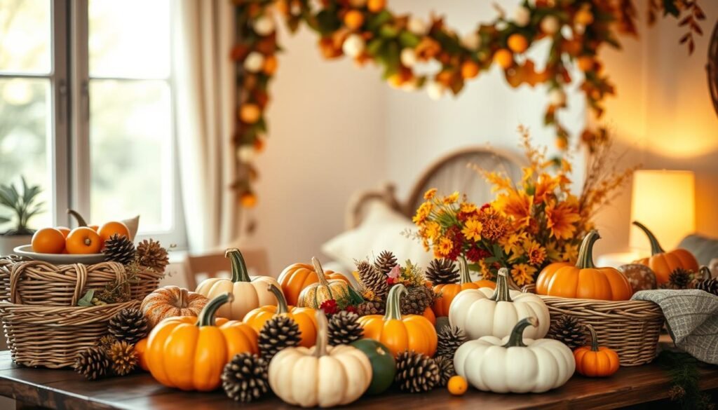 A cozy fall-themed baby shower scene with warm lighting and a rustic, earthy atmosphere. In the foreground, an array of pumpkins, pinecones, and autumnal foliage adorn a wooden table, complemented by woven baskets and neutral-toned decorative elements. In the middle ground, a garland of leaves and flowers cascades down the wall, accentuating the seasonal ambiance. The background features a subtle, blurred view of a window, letting in soft, diffused natural light and hinting at the outside world's changing seasons. The overall composition evokes a sense of comfort, celebration, and the beauty of the autumn season.
