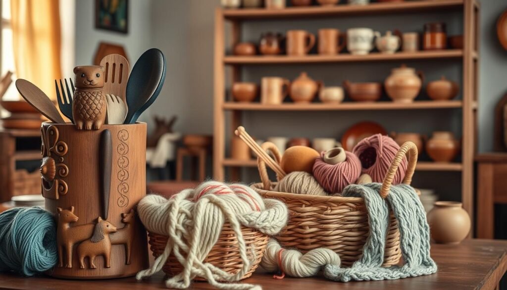A cozy family workshop filled with functional and whimsical crafts. In the foreground, a wooden kitchen utensil holder adorned with hand-carved animals and intricate patterns. In the middle ground, a beautifully woven basket overflows with colorful yarn, needles, and a half-finished knitted scarf. The background showcases a shelving unit displaying an array of handmade ceramic mugs, vases, and decorative plates in earthy tones. Soft, warm lighting casts a gentle glow over the scene, creating an inviting and inspirational atmosphere for creative family projects.