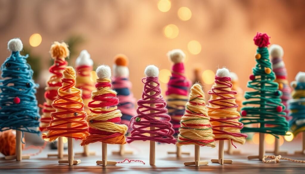 A cozy, festive scene of handmade craft stick and yarn trees, arranged in the foreground against a warm, inviting background. The trees are crafted with precision, each one uniquely adorned with vibrant, textured yarn in a variety of colors, creating a delightful, tactile display. The lighting is soft and diffused, casting a gentle glow that enhances the natural, homemade quality of the pieces. The composition is balanced, with the trees positioned in a visually pleasing arrangement, allowing each one to shine. The overall atmosphere is one of charm, creativity, and the joy of simple, homemade holiday decor.