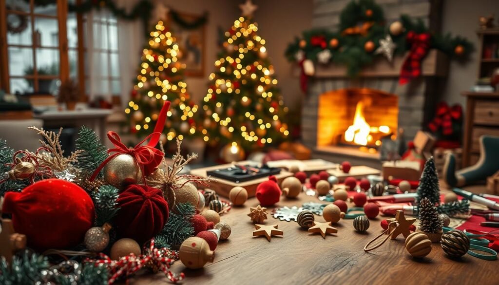 A cozy, festive scene of seasonal holiday craft projects. In the foreground, an array of handmade ornaments, garlands, and trinkets in traditional holiday colors and textures - velvet, wood, glitter, and ribbon. In the middle ground, a wooden table or work surface scattered with craft supplies, tools, and half-finished projects. The background features a warm, softly lit living room with a Christmas tree, twinkling lights, and a crackling fireplace, creating a inviting, homely atmosphere. Soft, diffused lighting casts a gentle glow over the entire scene, capturing the joy and creativity of holiday crafting.