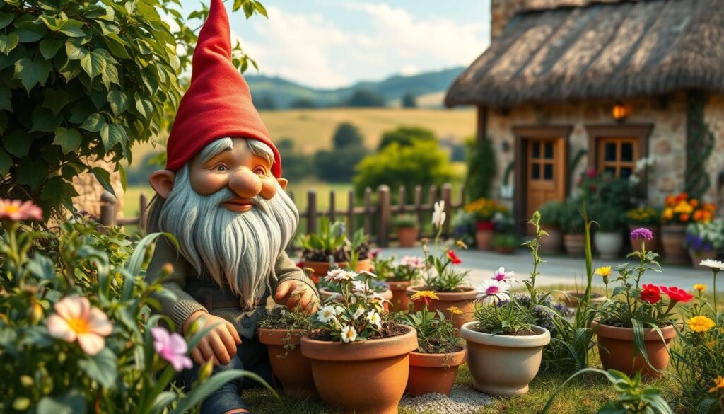 A cozy gnome's abode, nestled amidst lush greenery and vibrant flowers. In the foreground, a charming gnome tending to his whimsical planter garden, his weathered face filled with delight. The middle ground showcases an assortment of potted plants, each one a unique and colorful creation, adorned with delicate blooms and trailing vines. In the background, a quaint cottage with a thatched roof and cheerful window boxes, surrounded by a picturesque countryside landscape of rolling hills and a clear blue sky. Warm, diffused lighting casts a soft, magical glow over the scene, creating an atmosphere of tranquility and whimsy.