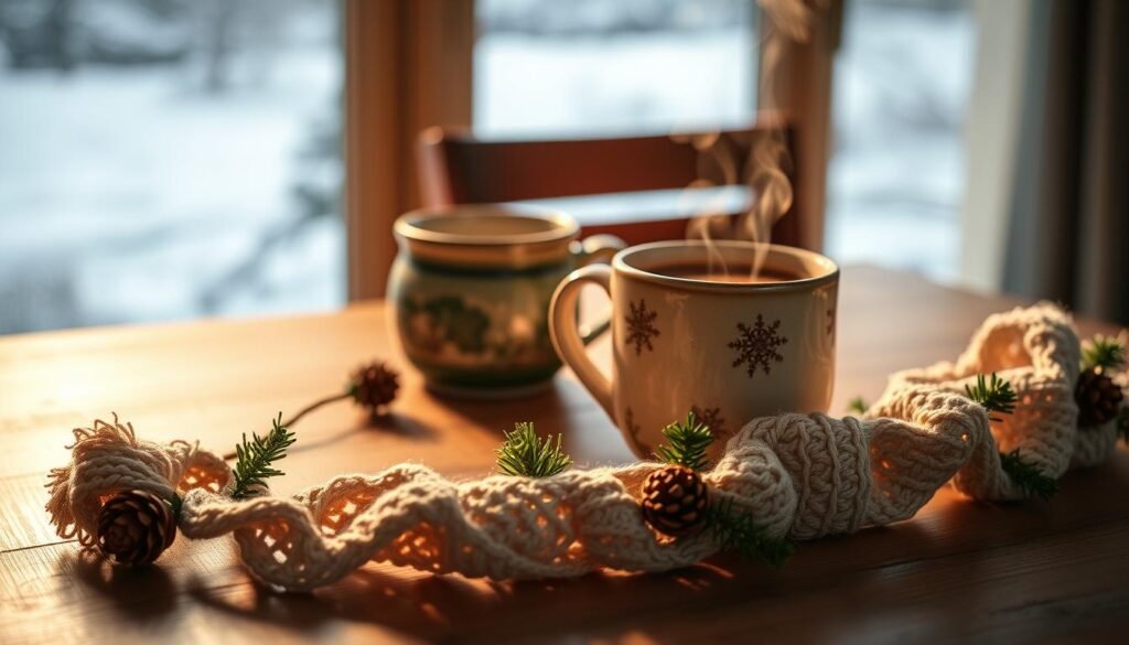 A cozy, handmade winter craft sitting on a wooden table, bathed in warm, soft lighting. In the foreground, a delicate, knitted garland with intricate patterns and textures, adorned with miniature pine cones and sprigs of evergreen. In the middle ground, a beautifully crafted, one-of-a-kind ceramic mug filled with steaming hot cocoa, steam rising gently. The background features a blurred, winter landscape visible through a frost-covered window, adding to the intimate, personal atmosphere. The overall scene exudes a sense of tranquility, creativity, and a touch of seasonal charm.