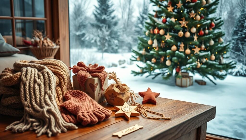 A cozy, handmade winter scene featuring an assortment of festive DIY gifts and unique ornament projects. In the foreground, a variety of handcrafted items such as knitted scarves, crocheted mittens, and wooden Christmas tree decorations are arranged on a rustic wooden table. Soft, warm lighting casts a comforting glow, highlighting the intricate textures and natural materials. In the middle ground, a large, lush evergreen tree stands tall, its branches adorned with homemade ornaments in various shapes, colors, and styles. The background depicts a snowy, peaceful winter landscape, with a faint dusting of snowfall adding to the serene, inviting atmosphere. The overall mood is one of coziness, creativity, and the joy of handmade winter treasures. A cozy, handmade winter scene featuring an assortment of festive DIY gifts and unique ornament projects. In the foreground, a variety of handcrafted items such as knitted scarves, crocheted mittens, and wooden Christmas tree decorations are arranged on a rustic wooden table. Soft, warm lighting casts a comforting glow, highlighting the intricate textures and natural materials. In the middle ground, a large, lush evergreen tree stands tall, its branches adorned with homemade ornaments in various shapes, colors, and styles. The background depicts a snowy, peaceful winter landscape, with a faint dusting of snowfall adding to the serene, inviting atmosphere. The overall mood is one of coziness, creativity, and the joy of handmade winter treasures.