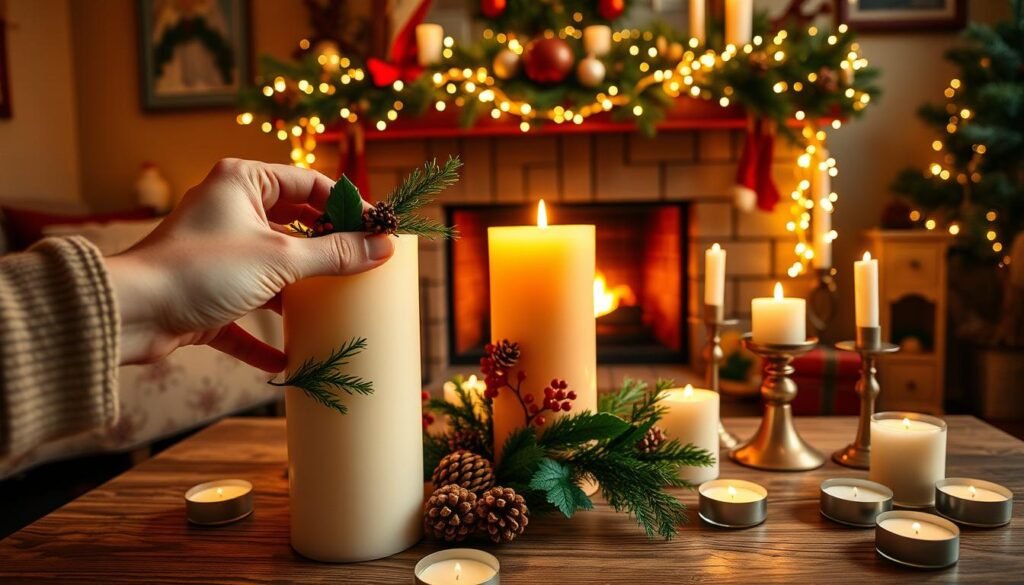 A cozy holiday candle tutorial set in a warm, inviting living room. In the foreground, a hand carefully arranges a large pillar candle adorned with festive decorations like pinecones, holly, and a sprig of fresh greenery. The middle ground showcases an array of candleholders, tealights, and other supplies needed for the DIY project. The background features a crackling fireplace, garland-draped mantelpiece, and twinkling string lights, creating a magical, winter wonderland atmosphere. The lighting is soft and ambient, casting a gentle glow across the scene. Shot from an eye-level perspective, the image conveys a sense of intimacy and handcrafted charm, perfect for illustrating a step-by-step candle-making tutorial.