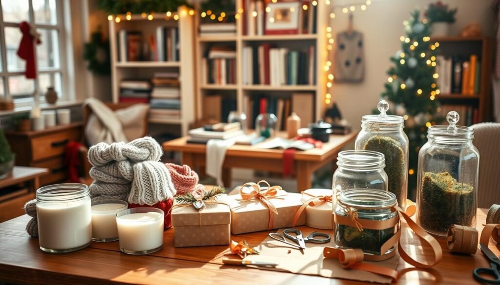 A cozy holiday scene showcasing a variety of homemade gifts. In the foreground, a wooden table is adorned with handcrafted items - scented candles, knitted scarves, and mason jar terrariums. Sunlight filters through a window, casting a warm glow over the scene. In the middle ground, a crafting station is set up, with scissors, ribbons, and an assortment of craft supplies. The background features a bookshelf filled with holiday-themed books and a twinkling string of fairy lights. The overall atmosphere is one of rustic charm and festive DIY spirit.