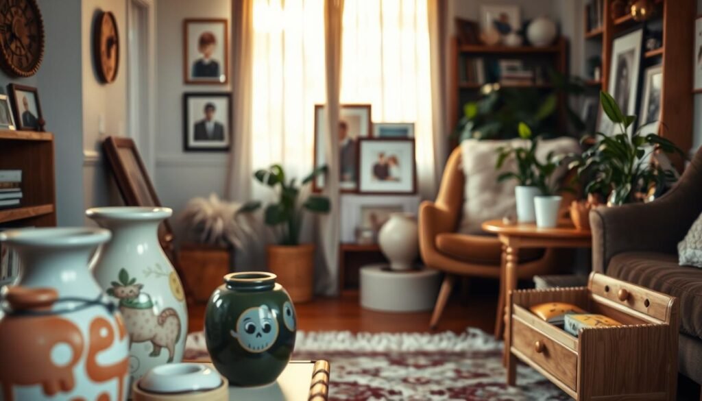A cozy home filled with personalized decor elements. In the foreground, an eclectic mix of decorative items - handcrafted ceramic vases, framed family photos, and a whimsical desk organizer. The middle ground showcases a mix of textures, like a fluffy rug, a plush armchair, and a wooden side table with a lush indoor plant. The background features warm, natural lighting filtering through sheer curtains, creating a welcoming, intimate atmosphere. The overall scene exudes a sense of individuality, comfort, and personal style, reflecting the homeowner's unique tastes and interests.