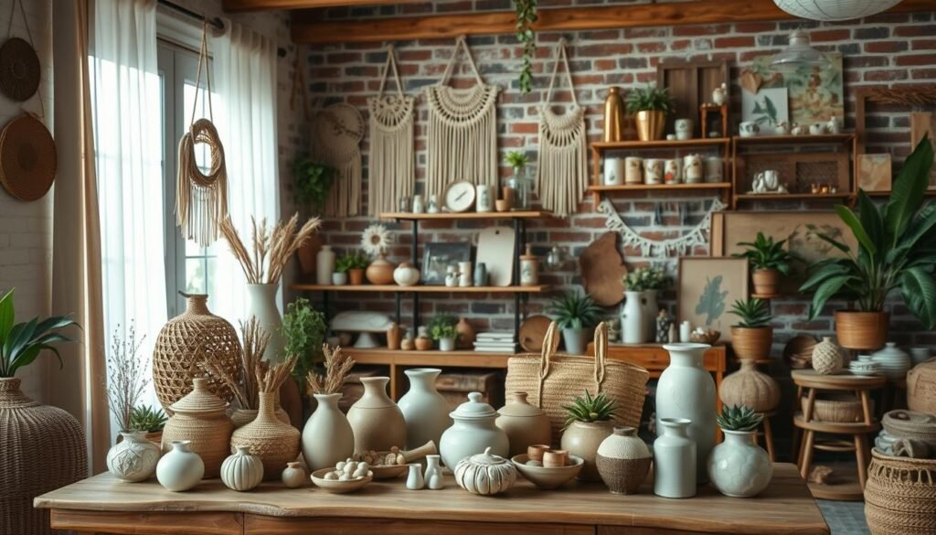 A cozy home interior filled with an assortment of handcrafted decor items. In the foreground, a rustic wooden table displays a variety of unique decorative pieces - woven baskets, ceramic vases, and decorative trinkets. Soft natural lighting filters through sheer curtains, casting a warm glow over the scene. In the middle ground, shelves adorned with macrame wall hangings, hand-painted candles, and repurposed vintage items. The background features a brick accent wall, complemented by wooden beams and plants, creating a charming, homely ambiance. The overall atmosphere exudes a sense of handmade, artisanal quality and timeless elegance.