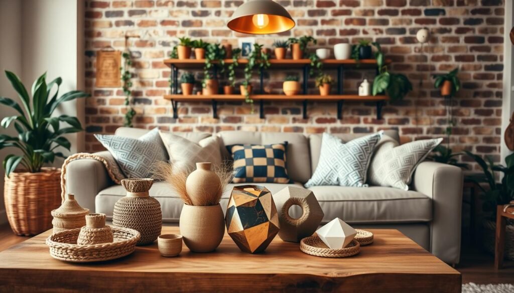 A cozy home interior filled with handcrafted decor items. In the foreground, a wooden coffee table showcases an array of DIY trinkets and centerpieces - natural fiber baskets, ceramic vases, and a geometric candle holder. The middle ground features a plush sofa adorned with throw pillows made from patterned fabrics. Trailing vines and potted plants line the shelves, creating a lush, inviting atmosphere. Warm, diffused lighting from a pendant lamp casts a golden glow, complementing the earthy color palette. The background reveals a brick accent wall, adding rustic charm to this stylish yet homely space, perfect for inspiring DIY home decor projects.