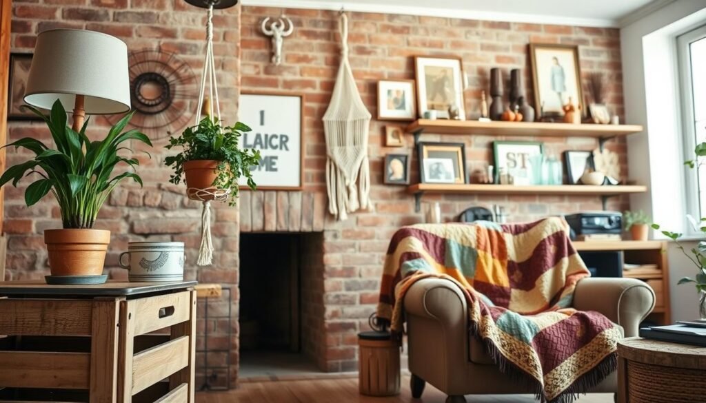 A cozy home interior with upcycled home decor elements. In the foreground, a repurposed wooden crate serves as a side table, adorned with a lush potted plant and a vintage lamp shade. In the middle ground, a hanging macrame plant holder and a colorful patchwork quilt draped over a worn armchair create a warm, textured ambiance. The background features a brick accent wall with floating shelves displaying an eclectic collection of thrifted trinkets, framed art, and repurposed glassware. Soft, diffused lighting from a large window casts a gentle glow, highlighting the unique character of the upcycled pieces. The overall scene exudes a sense of rustic charm and personalized style.