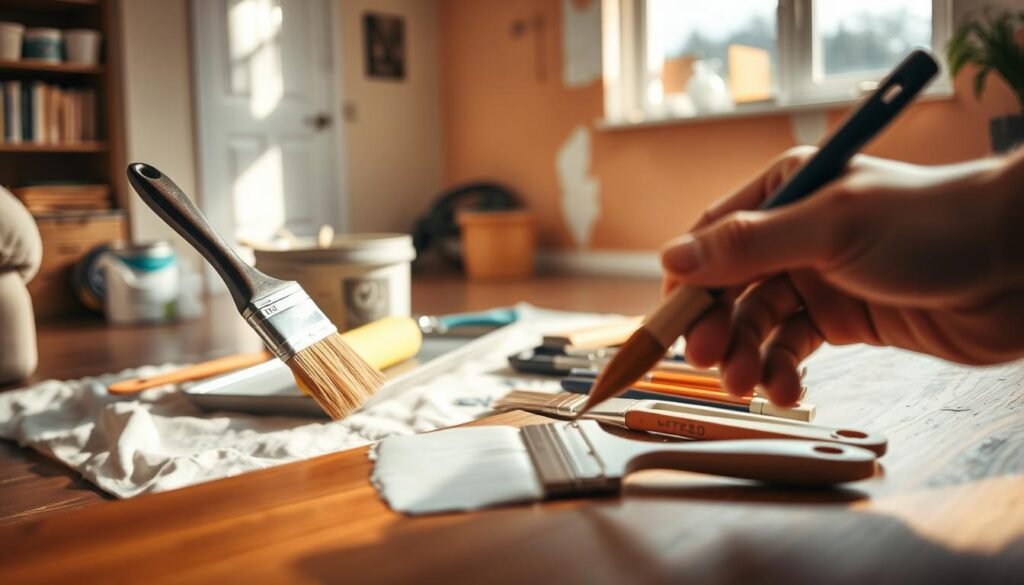 A cozy home interior with warm lighting, showcasing various painting techniques. In the foreground, a detail-oriented hand carefully applies paint to a wooden surface using a high-quality brush. In the middle ground, an array of painting tools, including rollers, trays, and specialty brushes, are neatly organized on a drop cloth. The background features a partially painted wall, revealing the transformation from dull to vibrant colors, creating a sense of progress and accomplishment. The scene is bathed in a soft, natural light, casting gentle shadows and highlighting the textures of the paint and materials. The overall mood is one of focus, creativity, and the satisfaction of a DIY home improvement project.
