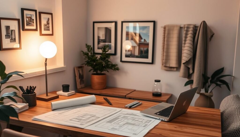 A cozy home office nook, surrounded by warm lighting and natural textures. A wooden desk with architectural drawing supplies, sketches, and a laptop in the foreground. Framed inspiration photos and swatches of fabric on the wall behind, hinting at a home makeover in the works. Soft, indirect lighting casts a comforting glow, as if taken at the end of a productive weekend. The overall scene conveys a sense of thoughtful planning and design, ready to tackle a home refresh project.