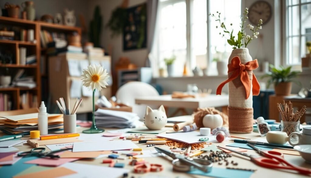 A cozy home studio filled with a variety of simple yet charming DIY crafts. In the foreground, a table showcases an array of crafting supplies - colored papers, scissors, glue, and various decorative elements. In the middle ground, a few completed projects come to life, such as a delicate paper flower, a hand-painted ceramic trinket, and a whimsical fabric-wrapped vase. The background features a large window, allowing natural light to flood the space and create a warm, inviting atmosphere. The overall scene exudes a sense of creativity, simplicity, and a touch of whimsy, perfectly capturing the essence of budget-friendly and easy crafts for the curious adult.