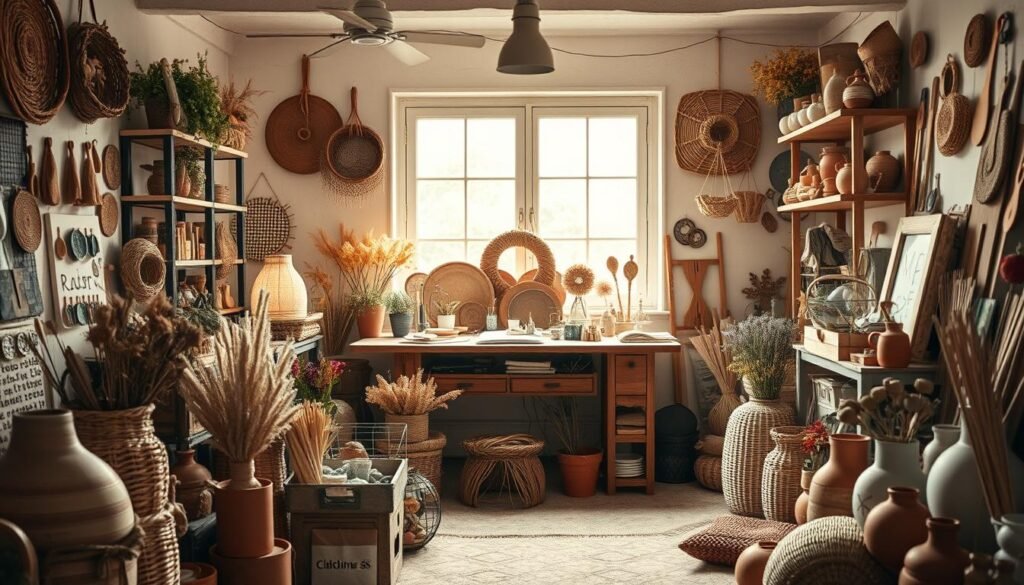 A cozy home studio filled with an array of DIY crafting supplies. In the foreground, an assortment of natural materials like woven baskets, terracotta pots, and dried flowers. In the middle ground, a wooden workbench holds an eclectic mix of tools, paints, and handmade decor pieces. The background showcases a large window, allowing warm, diffused natural light to pour in, casting a serene, artistic ambiance. Soft earth tones and muted hues create a calming, rustic aesthetic, inspiring a sense of personal expression and creativity.
